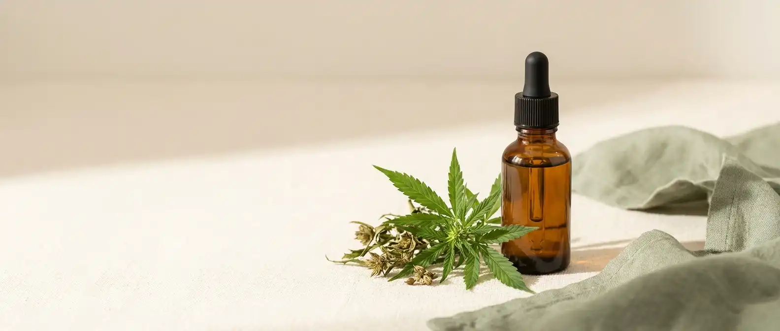 Goudgele CBD olie in amberkleurig glazen druppelflesje met pipet naast verse hennepbladeren