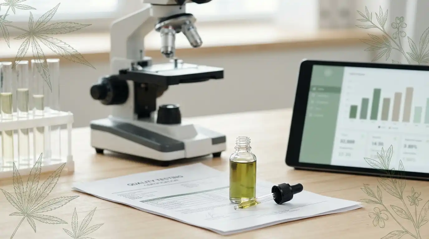 CBD Olie Kwaliteit: labtest COA certificaat met testresultaten naast CBD flesje en wetenschappelijke laboratoriumapparatuur