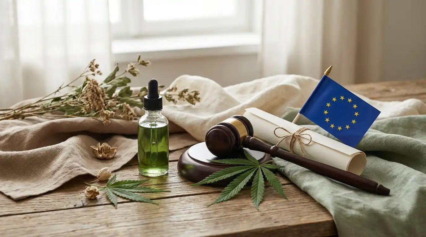 CBD Wetgeving Nederland: juridische documenten met EU vlag, rechtershamer en hennepblad symbool die de legale status van CBD olie weergeven