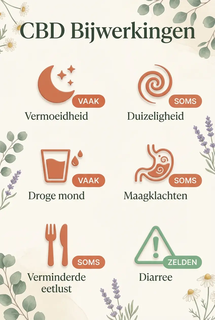 CBD Veiligheid: infographic met overzicht van bijwerkingen zoals droge mond, vermoeidheid en duizeligheid met percentages