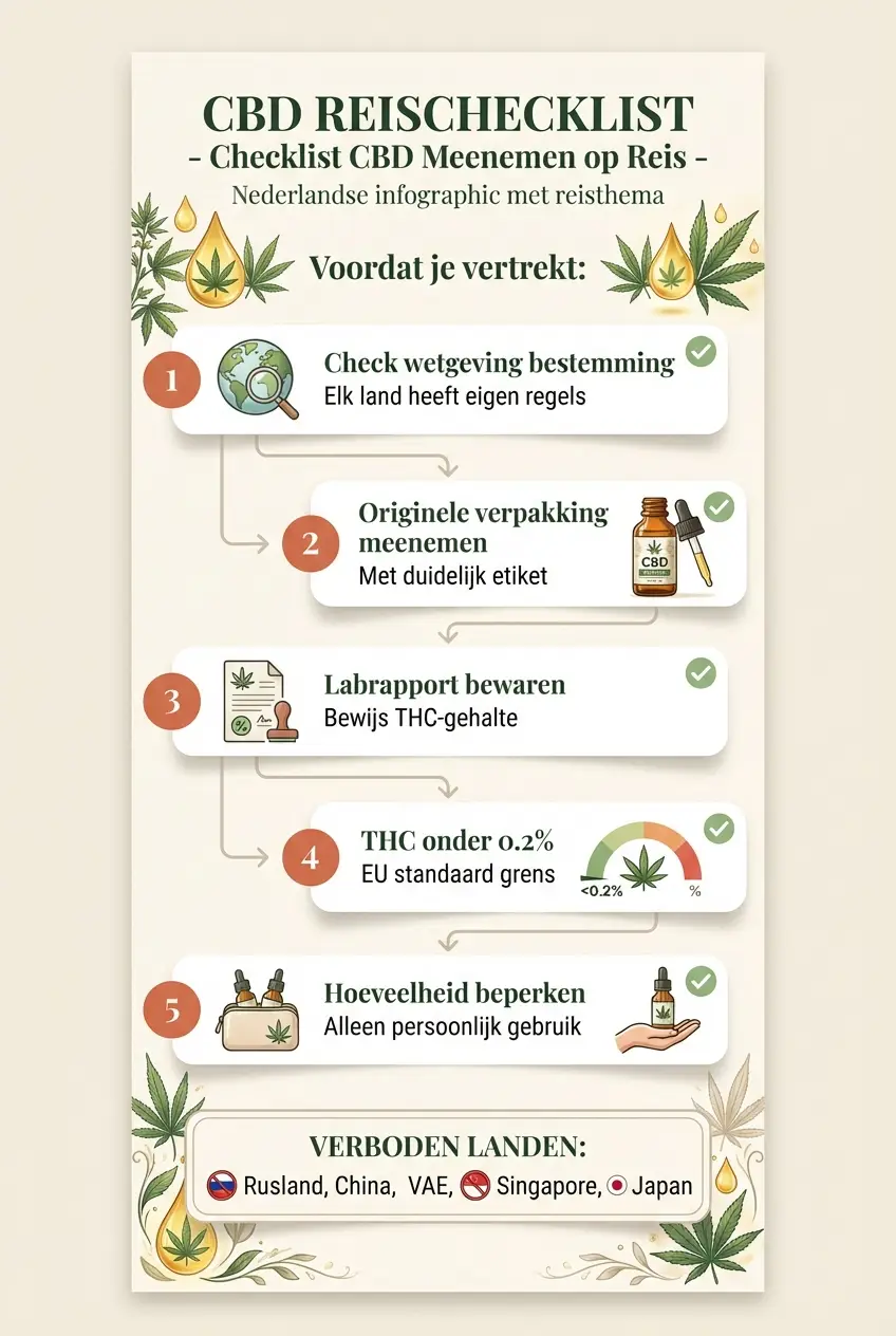 CBD Wetgeving Reizen: infographic checklist voor CBD olie meenemen op reis met documenten, verpakking en landspecifieke regels
