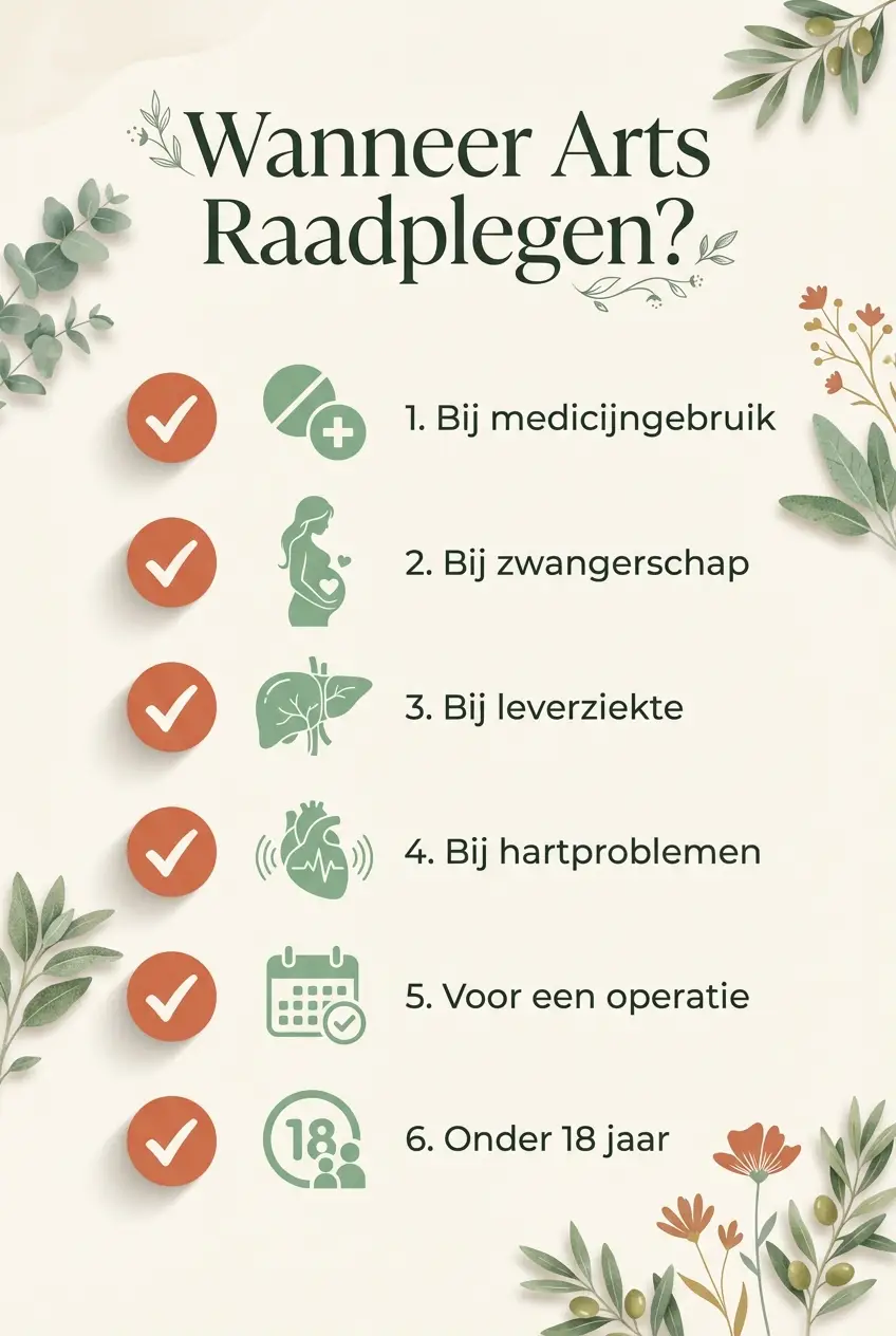 CBD Veiligheid: infographic wanneer arts raadplegen bij medicijninteracties, zwangerschap en leveraandoeningen